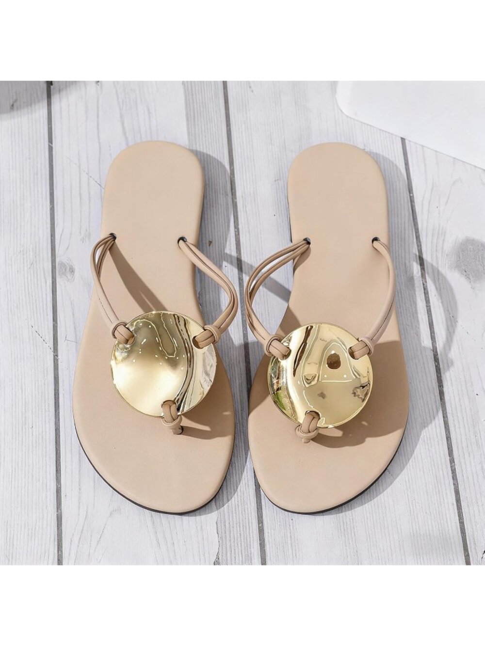 Women's Beige Metal Flip Flops Thong Flats Slip on Soft Cushion Dressy Shoes - Picture 3 of 6